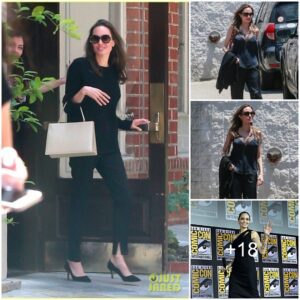 Angelina Jolie looks every inch the Hollywood bombshell as she rocks a slinky black camisole and matching leggings… after confirming role in Marvel’s The Eternals