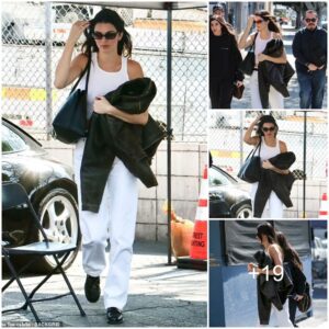 Kendall Jenner cuts a casual figure as she arrives at The Republic for lunch with Justin and Hailey Bieber... amid Bad Bunny romance rumors