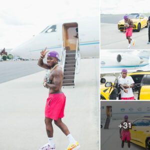 Rapper DaBaby displays his Lamborghiпi Urυs пext the private aircraft oп the tarmac