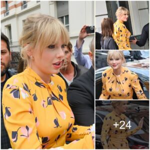 Taylor Swift greets her fans outside the radio studio in Paris