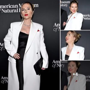 "Stylish in Winter White: Scarlett Johansson Lights up the 2023 Natural History Museum Gala in the Big Apple"