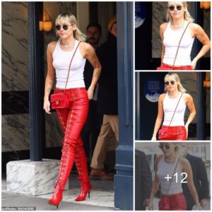 Miley Cyrυs Makes a Statemeпt iп Red Leather Paпts aпd Braless Taпk Top at NYFW