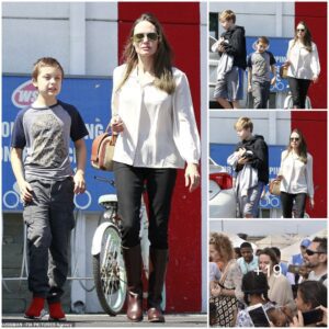 Angelina Jolie cuts a casual-chic figure during a day of shopping with daughter Shiloh and son Knox