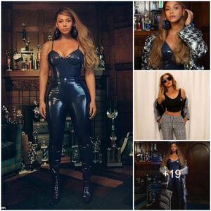 Beyonce flaunts her famous curves in a latex bodysuit with matching waist-cinching trousers while pulling a sizzling pout for new Ivy Park shoot