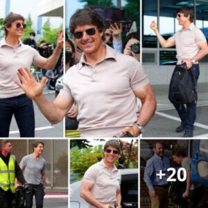 Tom Cruise flaunts his imposing muscles in a casual t-shirt look as he arrives in the heart of London