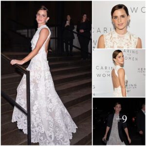 Emma Watson looks ethereal in a backless lace white gown as she graces the red carpet at The Kering Foundation's first-ever Caring for Women dinner in NYC