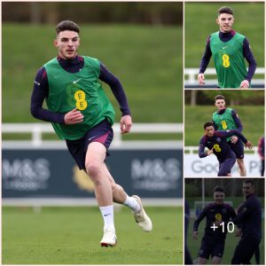 BATTLE OF KING: Arsenal star Declan Rice enjoys the duel with Bellingham in England’s first training session