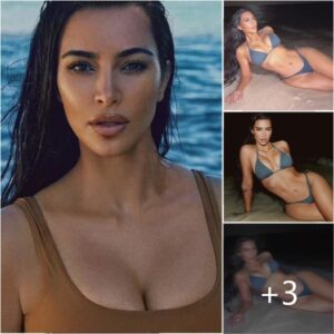 Kim Kardashian flashes her incredible abs wearing a honey SKIMS bikini with matching bottoms from her new swimwear collection