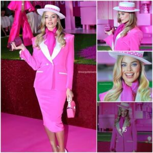 “Hollywood Rose” Margot Robbie Radiates Beautiful In A Versace Vintage-Inspired Pink And White Skirt Suit At A Press Conference For “Barbie”