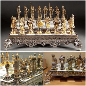 Artistry and Elegance: The Bronze Figural Vasari Chess Set Set atop a Polished Italian Onyx Board