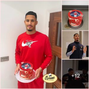 RED WARRIOR: Saliba beamed as French celebrated Arsenal star’s birthday with a special cake