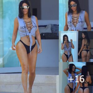 No bikini top, no problem! Kim Kardashian flaunts her hourglass figure in high-cut swimwear with lace-up crop top while Kourtney wears cheeky thong 