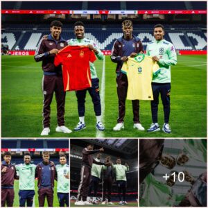 CLOSE BROTHERHOOD: Lamine Yamal, Vinicius, Nico Williams and Rodrygo with a group photo at the Santiago Bernabeu in their respective national team colors close brotherhood