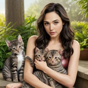 Gal Gadot's Tender Moment with Wavy Hair and Playful Kittens..