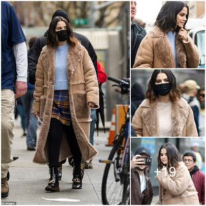 Selena Gomez braves the cold in style as she films Only Murders In The Building in suede fur coat and tartan mini skirt in NYC