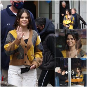 Selena Gomez rocks yellow cardigan as she films Only Murders In The Building with Steve Martin and Martin Short at NYC diner