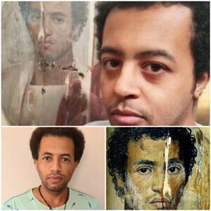 Blending Past and Present: Egyptian Man's Selfie Moment with a 2000-Year-Old Portrait.