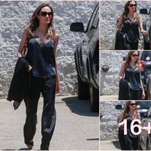 Angelina Jolie Stuns in Slinky Black Camisole and Matching Leggings"