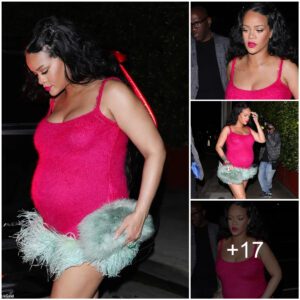 Pregnɑnt Rihanna Exposes Her Growing Baby Bump In A Chic Scarlet Minidress With Faux-fur Trim As She Enjoys Dinner With Friends In New York