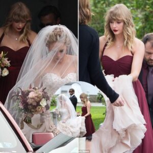 Travis Kelce’s lover Taylor Swift looked stunning in a maroon dress as a bridesmaid at her close friend Abigail Anderson’s luxurious wedding in Massachusetts