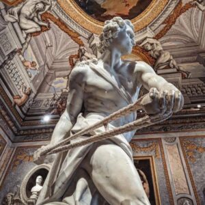 David is a life-size marble sculpture by Gian Lorenzo Bernini, that was commissioned to decorate the villa of Cardinal Scipione Borghese where it still resides today, as part of the Galleria Borghese. It was completed in the course of 8 months from 1623 to 1624.