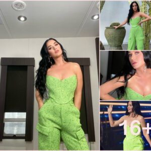 Katy Perry's Stylish Green Strapless Top and Pants Ensemble