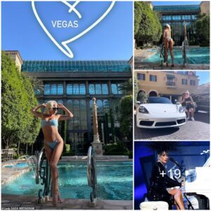 Lady Gaga shows off her eye-catching form in a baby blue bikini while spending time at a luxurious pool in Las Vegas