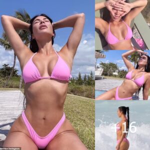 Kim Kardashian flaunts her bombshell figure in a pink bikini from her Skims Swim collection while soaking up some sun poolside