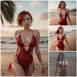 Miley Cyrυs: A Bold Red Visioп Embraciпg Solitυde oп the Shore