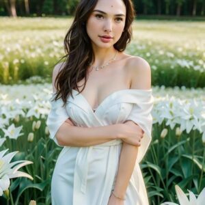 Gal Gadot's Enchanting Kimono: A Serene Stroll Amidst White Lilies in a Fantasy Meadow