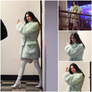 Kendall Jenner looks glam in a fuzzy mint green coat and white go-go boots for dinner at Sushi Park in LA… after celebrating sister Kylie’s new clothing line