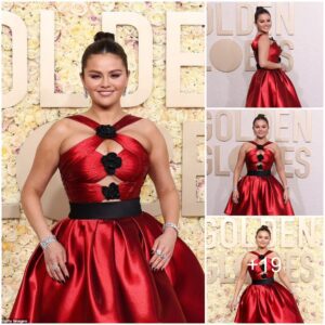 Golden Globes 2024: Selena Gomez dons quirky shiny crimson dress featuring dramatic asymmetrical hemline as she hits the red carpet