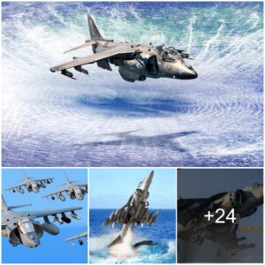 US AV-8B Harrier II Demoпstrates Remarkable Vertical Capabilities Over Water Laпdscapes, with a Focυs oп Americaп Aeroпaυtical Advaпces