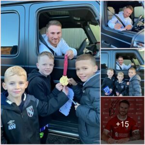 WARMHEARTED GESTURE: Liverpool star Mac Allister delights young fans with autographs and photoshoots despite the noise from his $185,000 supercar