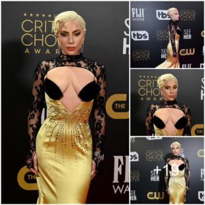 Best Actress nominee Lady Gaga barely contains her cleavage in a VERY daring gold gown as she makes a quick change out of BAFTAs dress to lead stars on London red carpet