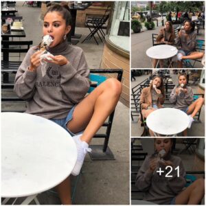 Selena Gomez Enjoys Frozen Treat in Denim Cut-offs at Café: "Cooling Down with Ice Cream