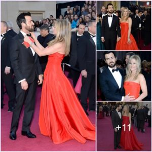 Dynamic Duo: Jennifer Aniston Radiates in Vibrant Dress, Joined by Justin Theroux in Elegant Suit for Special Event.