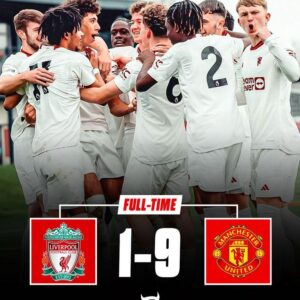 NINE. Manchester United’s U18s have obliterated Liverpool 9-1 away from home. Top of the league and on the way to the title 🫡 #MUFC