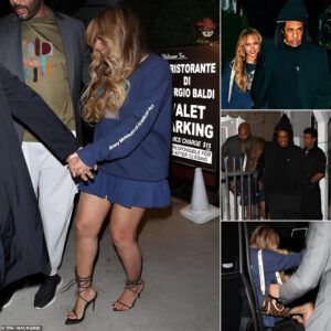 Beyoncé puts on a leggy display in a tennis skirt as she enjoys a date night with husband Jay-Z at Giorgio Baldi