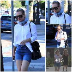 KALEY CUOCO WORE A TIGHT NECK SCARF WITH A WHITE SHIRT AND JEAN