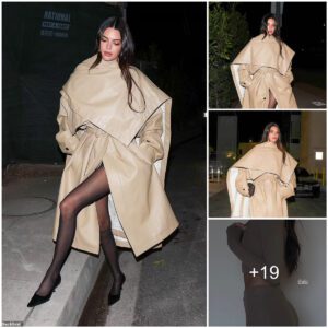 Kendall Jenner teases her long legs in a beige trench coat cape and sheer pantyhose as she steps out in LA