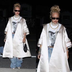 Dining in Style: Rihanna Makes a Statement in Oversized Satin Coat and Pearls for LA Dinner Date