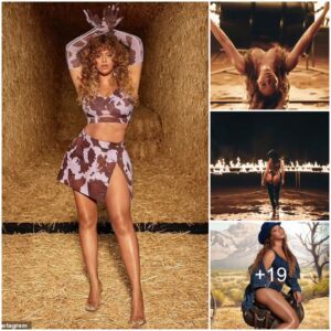 🐄 Beyoncé Stuns in Lilac Cow Print Ensemble: Baring her Midriff with a Sexy Crop Top and Mini Skirt from her Ivy Park Rodeo Line, Embracing the Latest Fashionable Snaps!"