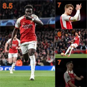 “Saka Shines with 7.5, Trossard with 7: Player Ratings Reflect Arsenal’s Gritty Performance in Intense Battle Against Bayern Munich!”