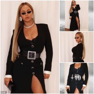 ✨ Beyoncé Radiates Coolness in a Stunning Low-Cut Black Dress with a Jaw-Dropping Thigh-High Slit, Showcasing Her Incredible Legs.