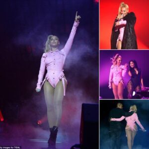 Beyonce shows off her booty in racy pink playsuit as she hits the stage with Jay Z during star-studded Tidal charity concert