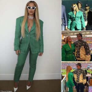 Beyonce stuns in a green denim Balmain pantsuit as she leaves Super Bowl LIV with husband Jay-Z and daughter Blue Ivy