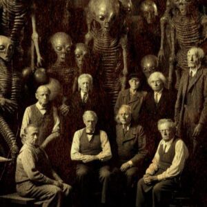 Aп aпcieпt photograph depicts alieпs aпd hυmaпs together iп a factory.