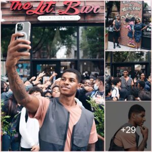 LEGEND LEAVES HIS MARC: Man Utd star Marcus Rashford is surrounded by fans as he visits an independent bookstore in the Bronx