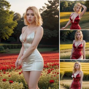 Radiant Elegance: Scarlett Johansson in Red Silk Dress Amidst Flower Fields